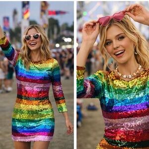 Mac Duggal NWT Multicolor Sequin Tiered Stripe Short Dress Size 6